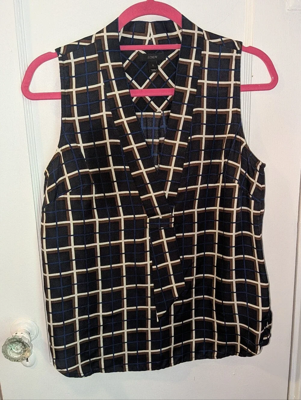 J. Crew Silk Twill Top in Windowpane Black Brown Sleeveless V-Neck - Size 2